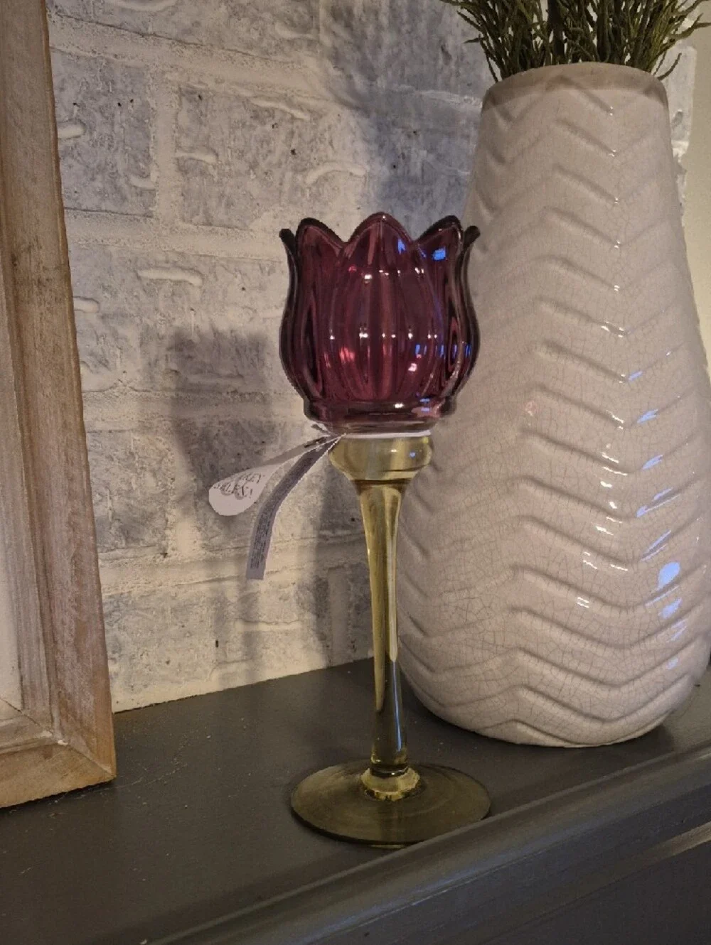SURREY SELENA Handblown Purple Tulip Glass Candle Holder with‎ Olive Stem